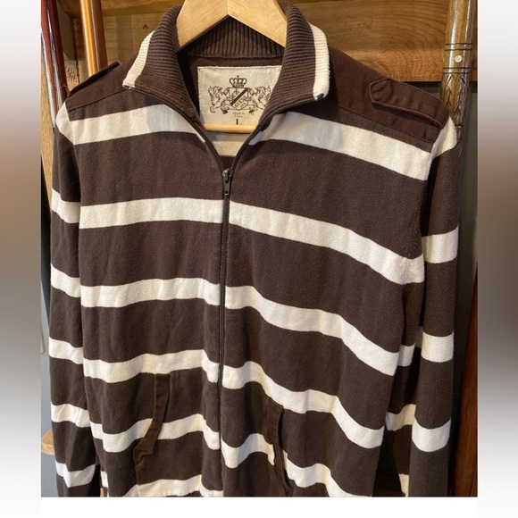 BROWN GUESS USA cream striped Sweater full ZIP up Pockets mock neck mens large L - Picture 6 of 16